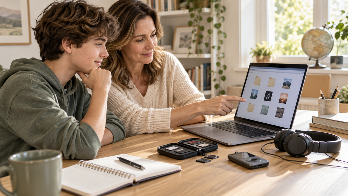 Parent and teenager organizing local music files together for supervised listening