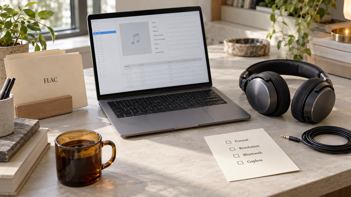 FLAC compatibility research workspace with audio metadata, headphones and a format verification checklist