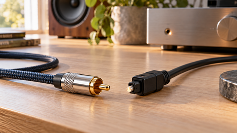 Coaxial SPDIF and optical TOSLINK cable connectors on a bright home audio desk