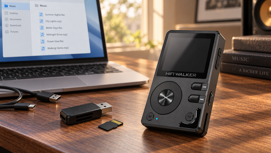HIFI WALKER H2 beside a laptop music library, USB cable and microSD card reader on a walnut desk