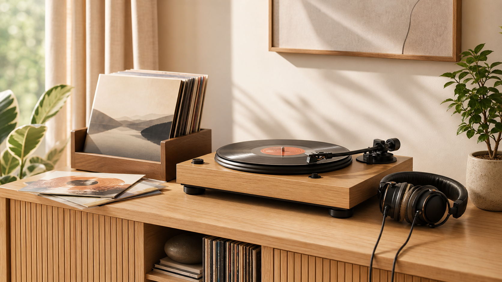Bright listening room with a turntable, vinyl records, and headphones