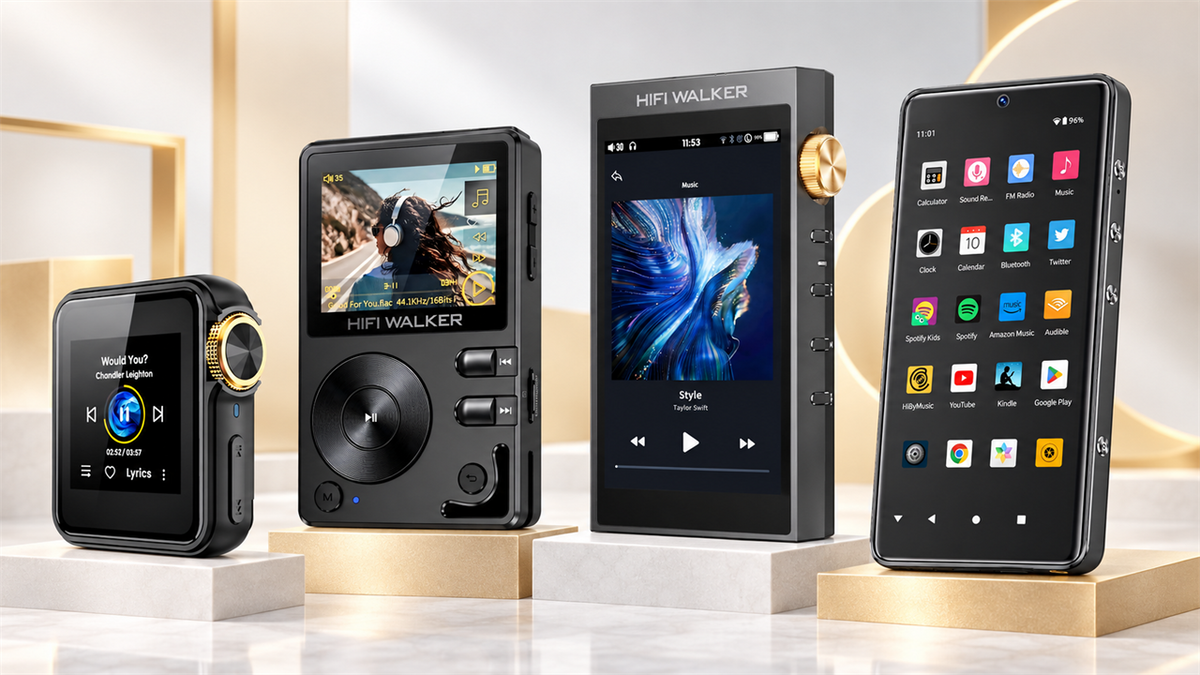 HIFI WALKER Hi-Fi audio players compared on a bright studio background