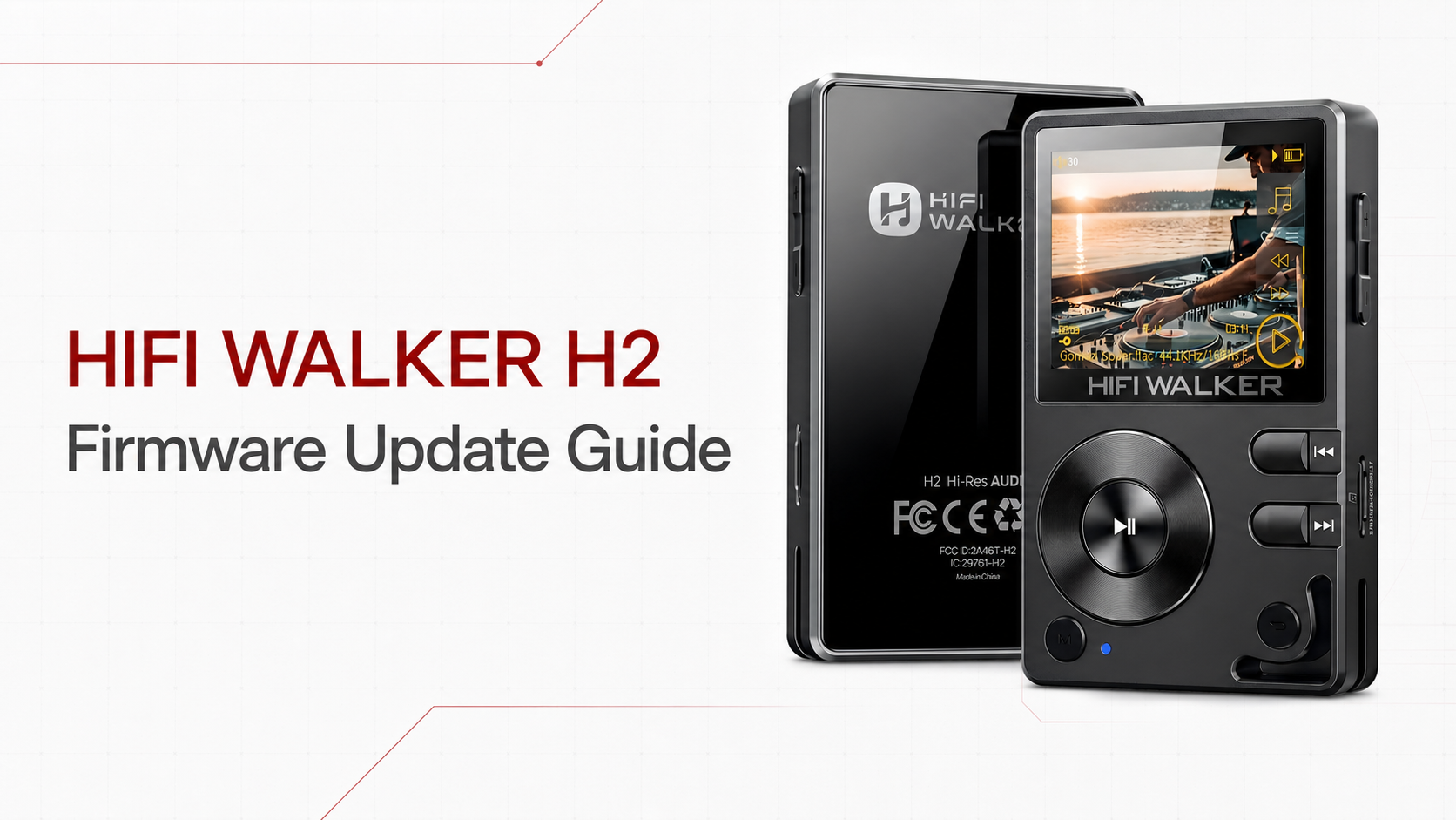 HIFI WALKER H2 firmware update guide showing the player, SD card and update file