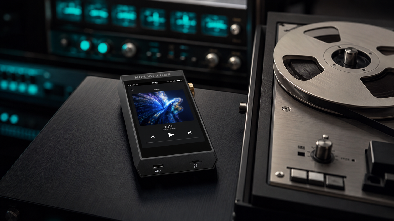 HIFI WALKER H20 Ultra on audiophile equipment rack with reel-to-reel tape machine