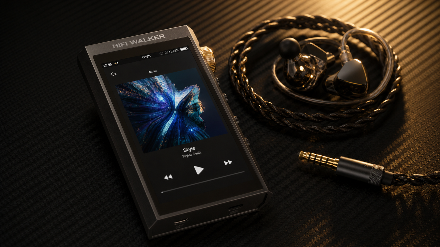 HIFI WALKER H20 Ultra on a dark carbon-fiber studio surface with a balanced cable