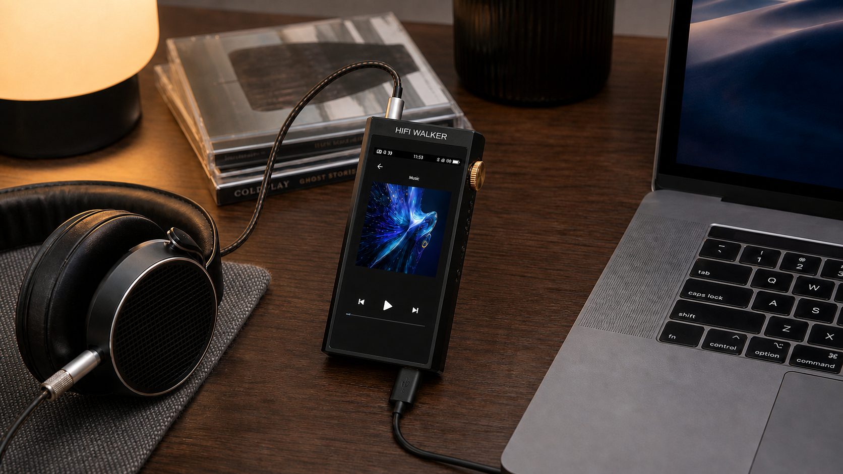 HIFI WALKER H20 Ultra used as a USB DAC with headphone cable on top and USB cable on bottom
