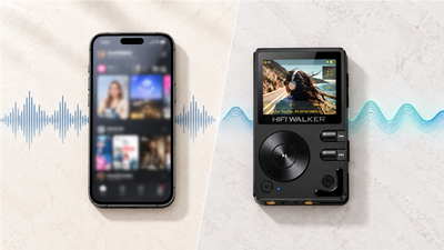 HIFI WALKER H2 and smartphone audio compared on a bright studio background