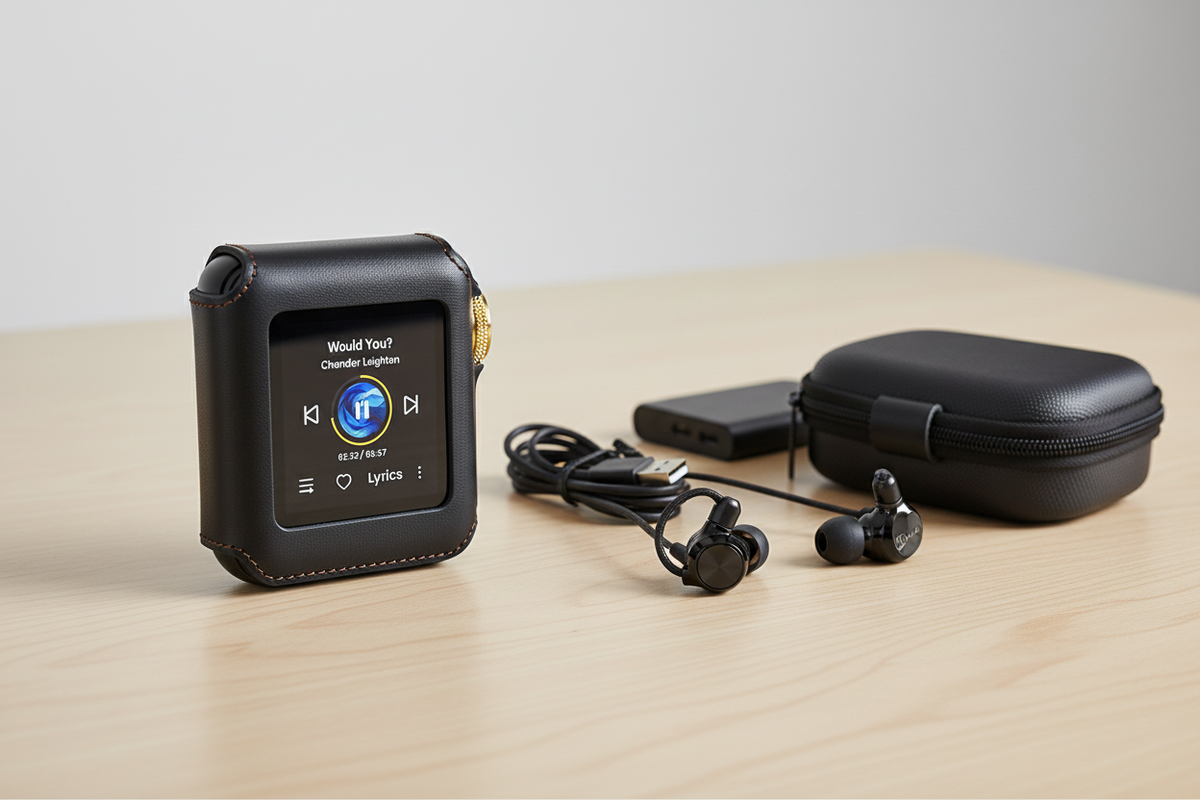 HIFI WALKER H2 Mini with wired earphones and a travel case for offline music listening.