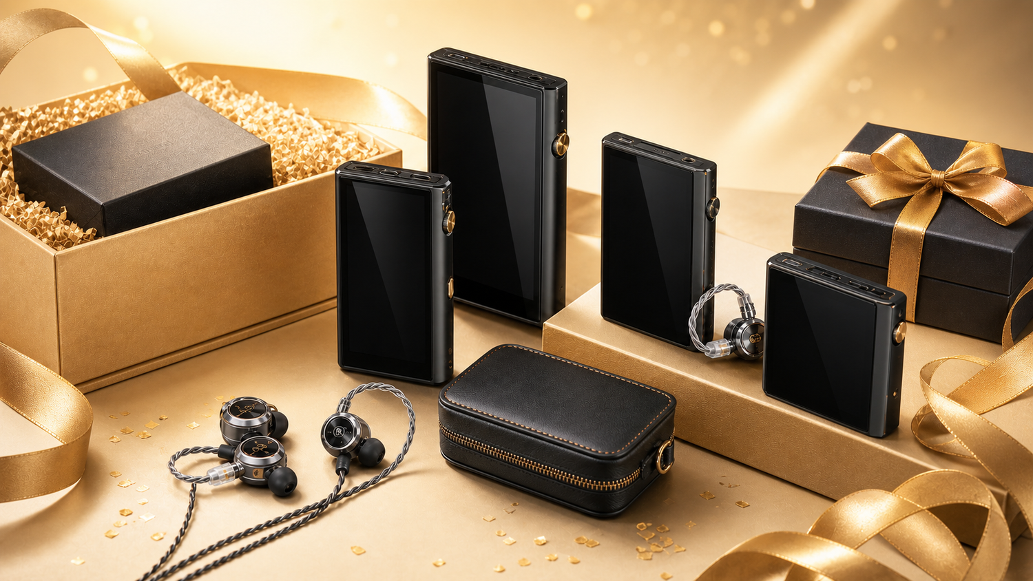 Warm gold HIFI WALKER Prime Day bundle deals with audio players, earphones and protective case