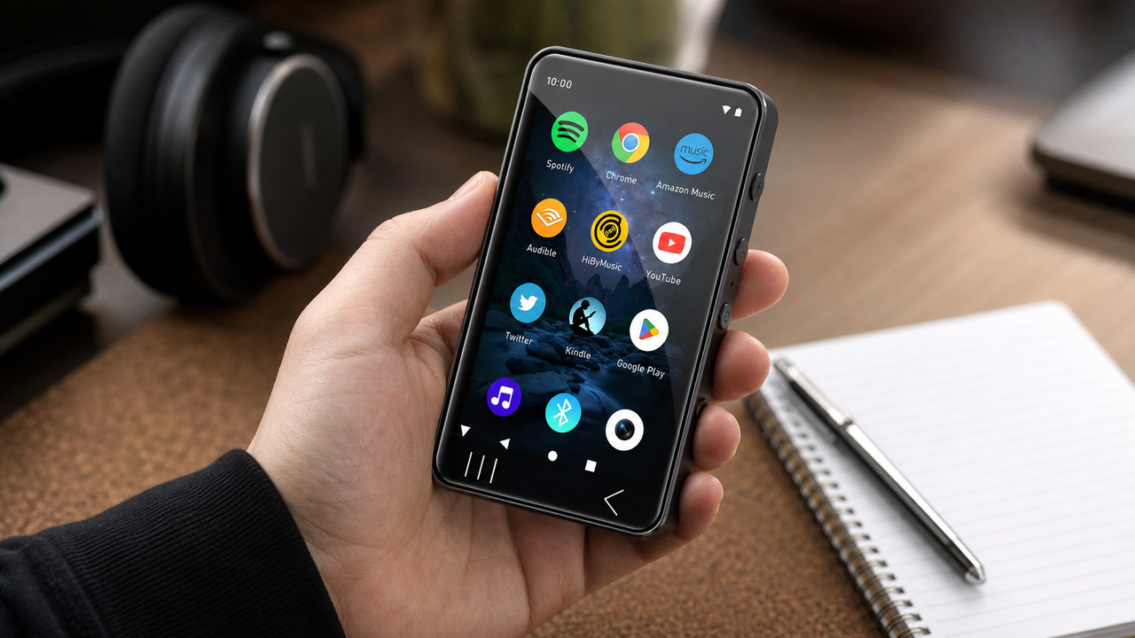 HIFI WALKER G7 Android music player held naturally in one hand during a review, screen facing the viewer, no cable attached
