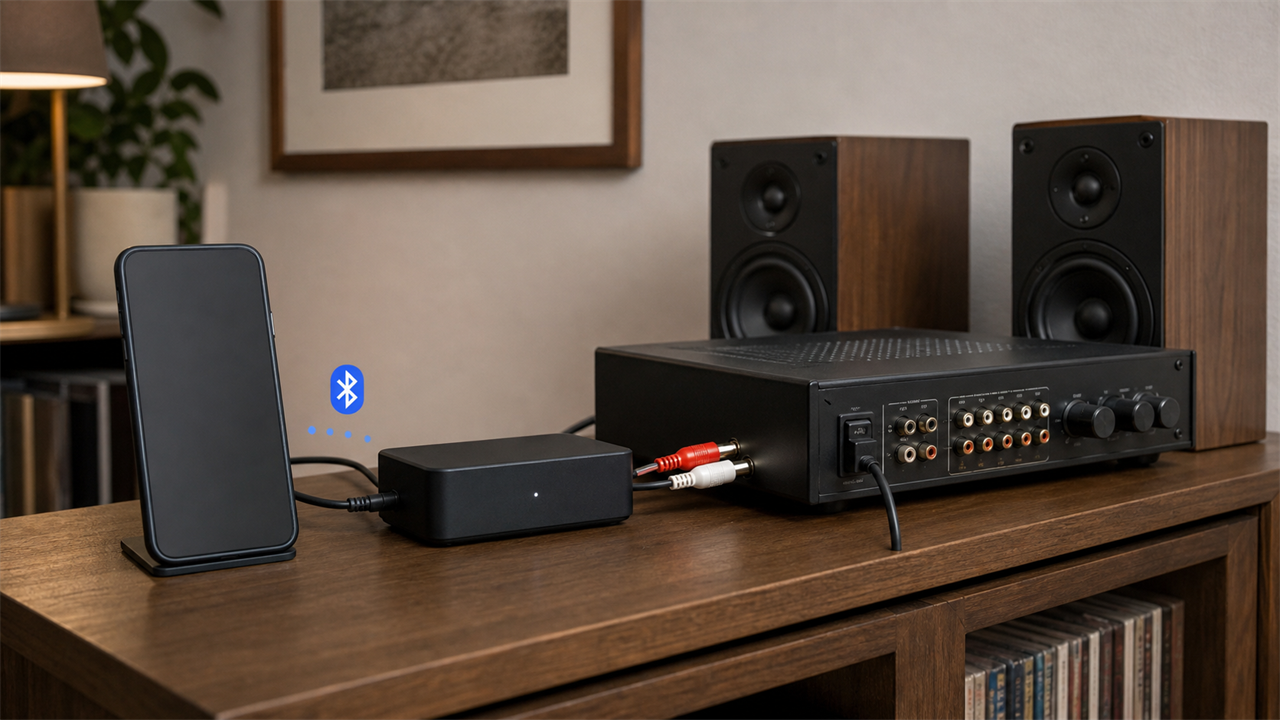 Phone streaming music through a Bluetooth receiver and RCA connection to a home stereo