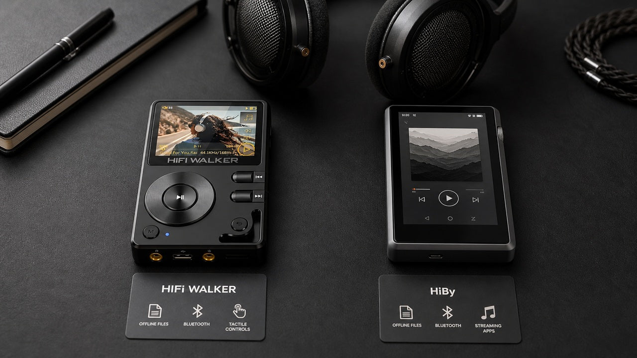 Portable music player editorial cover for HIFI WALKER vs Hiby: What's the Difference?