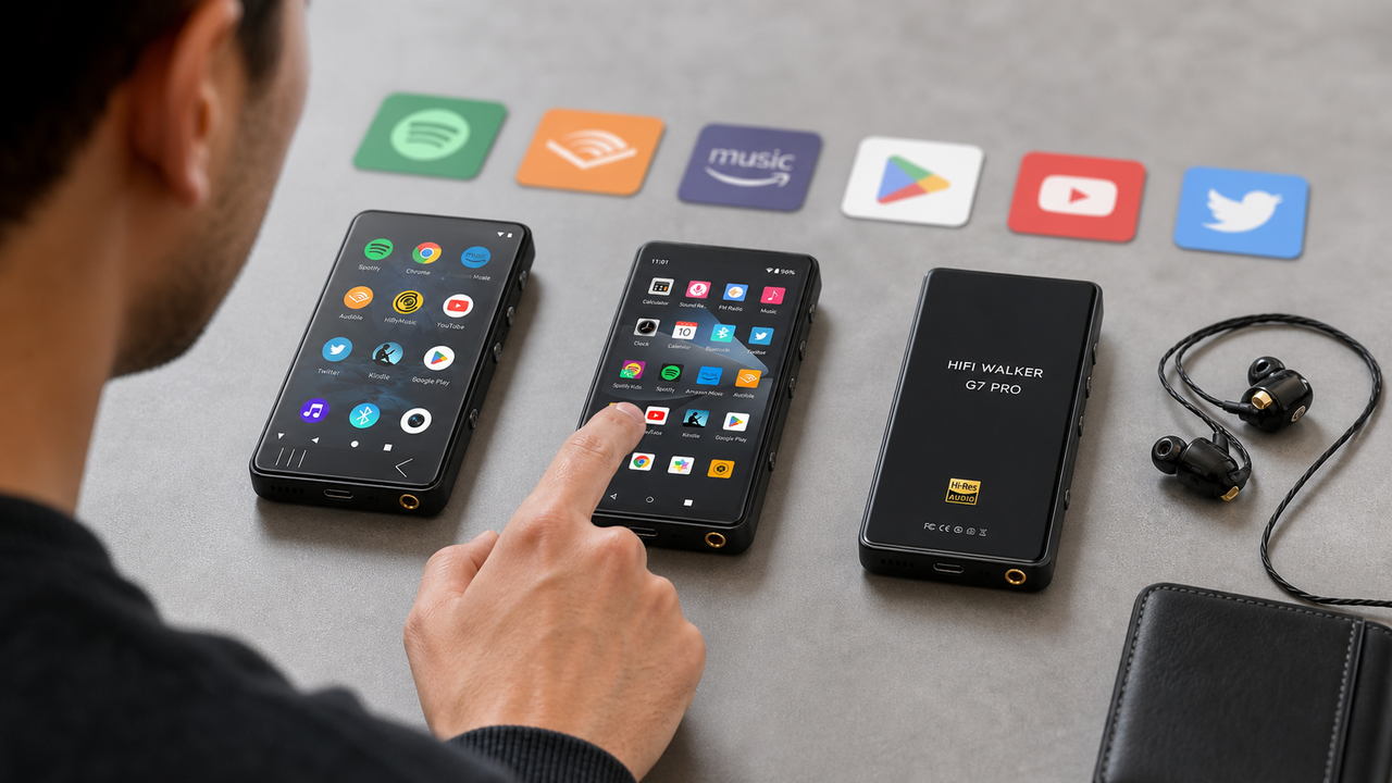 A person choosing between several real Android music players on a clean table, with HIFI WALKER G7 and HIFI WALKER G7 Pro as visible options