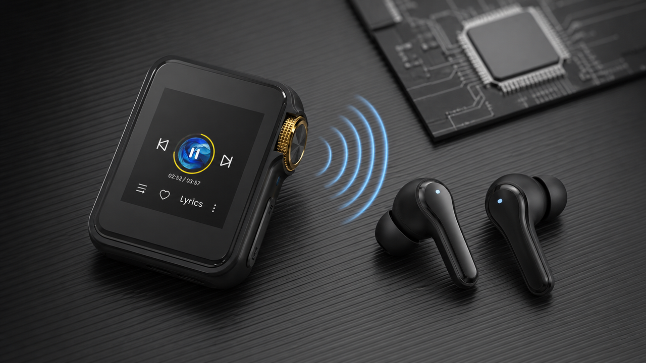 Close technical Bluetooth listening scene: HIFI WALKER H2 Mini and wireless earbuds separated by a subtle clean blue wireless signal arc, with a small codec-chip abstraction…