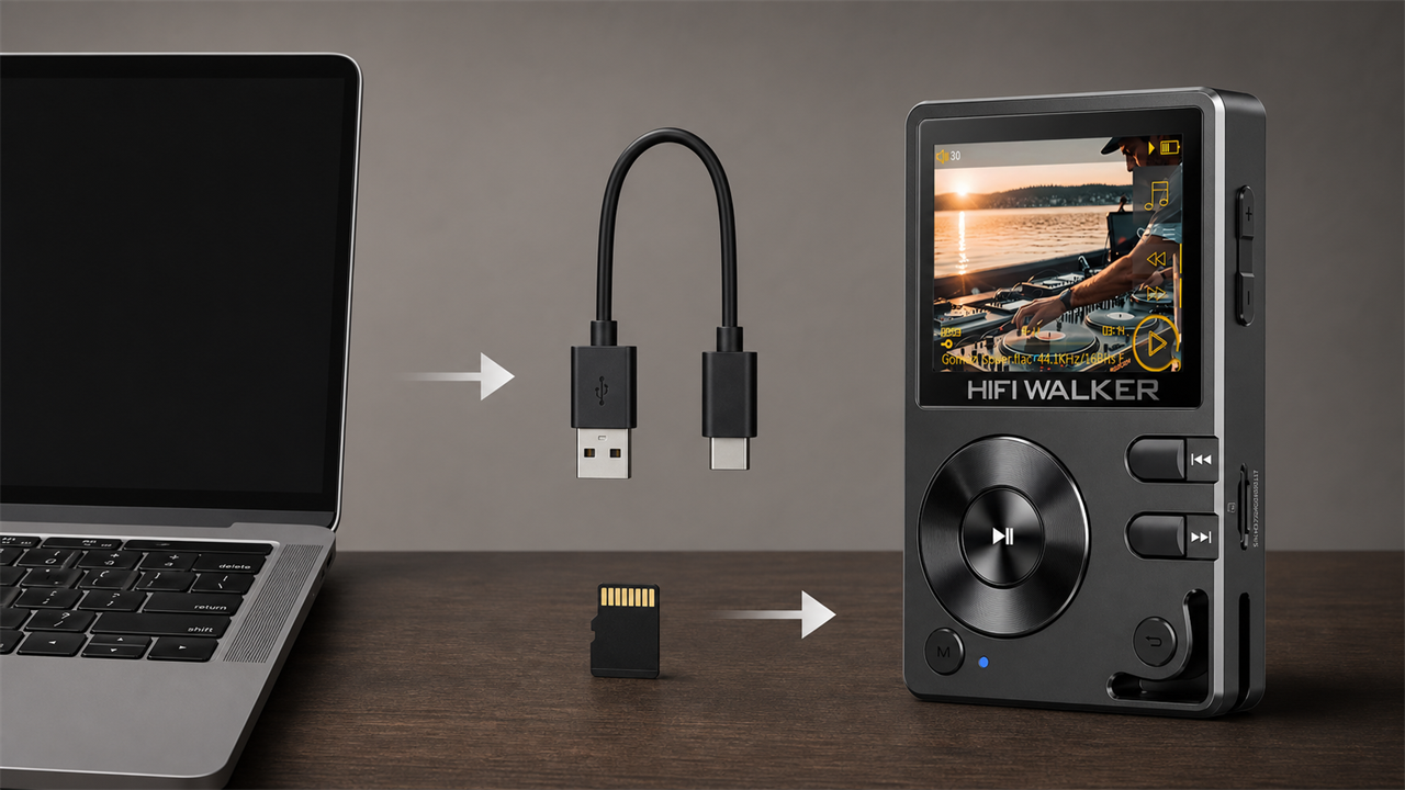 HIFI WALKER H2 beside a laptop, USB cable and microSD card for transferring music
