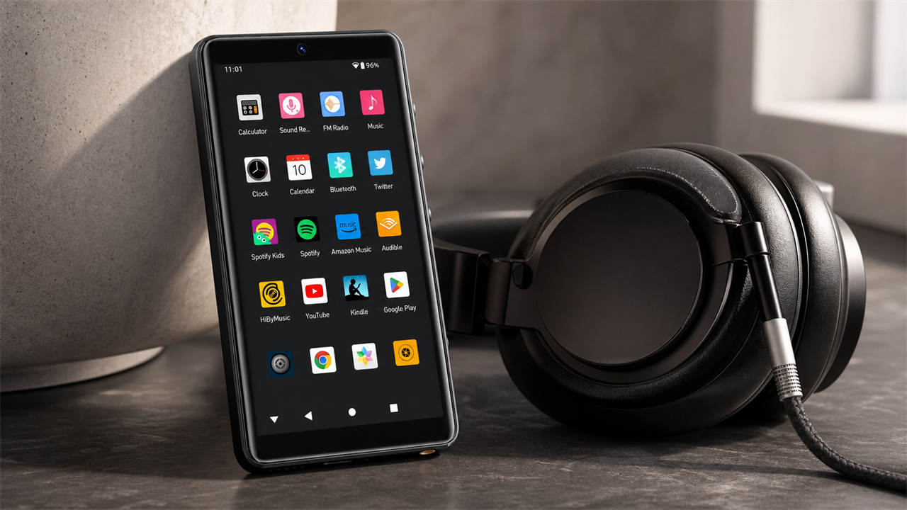 HIFI WALKER G7 Pro displaying Spotify beside unbranded headphones and a microSD card