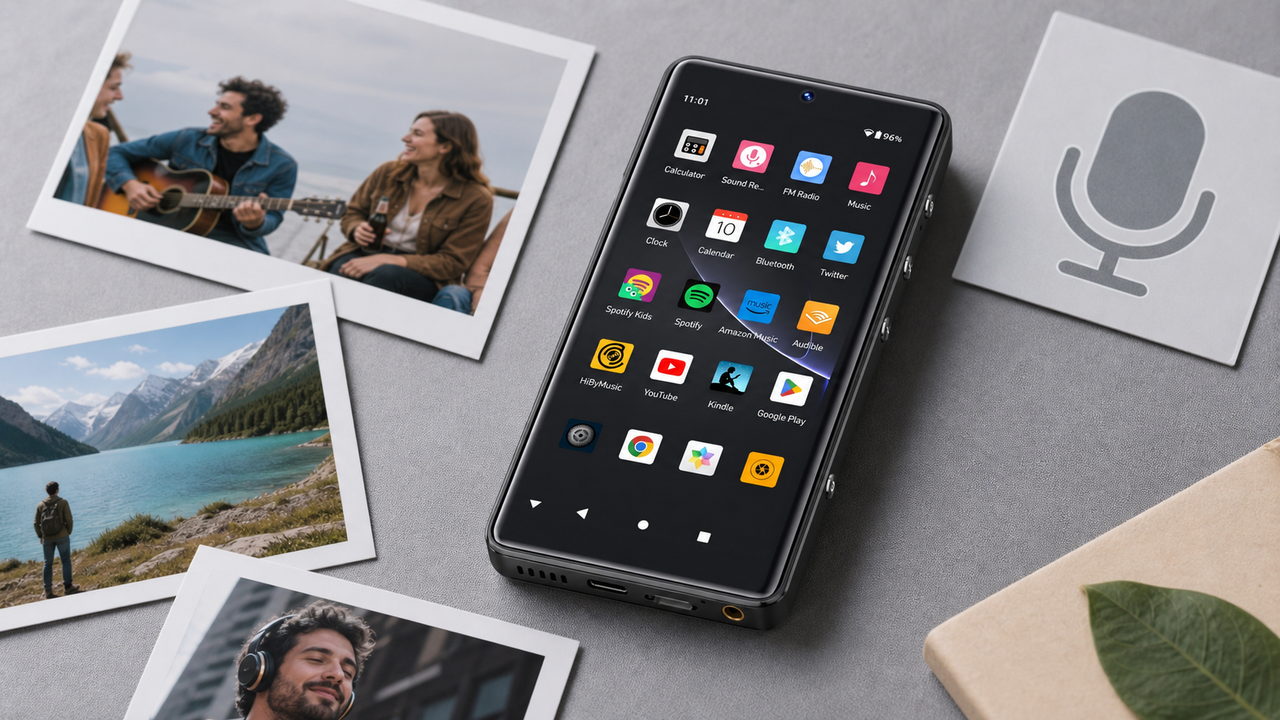 HIFI WALKER G7 Pro media guide scene with front/rear camera concept: the device rests beside small photo thumbnails and a microphone icon card, photographed straight-on to…