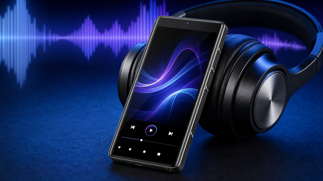 HIFI WALKER G7 Pro in a refined listening scene with a deep blue and purple Amazon Music-inspired sound-wave motif in the background, suggesting HD streaming compatibility…