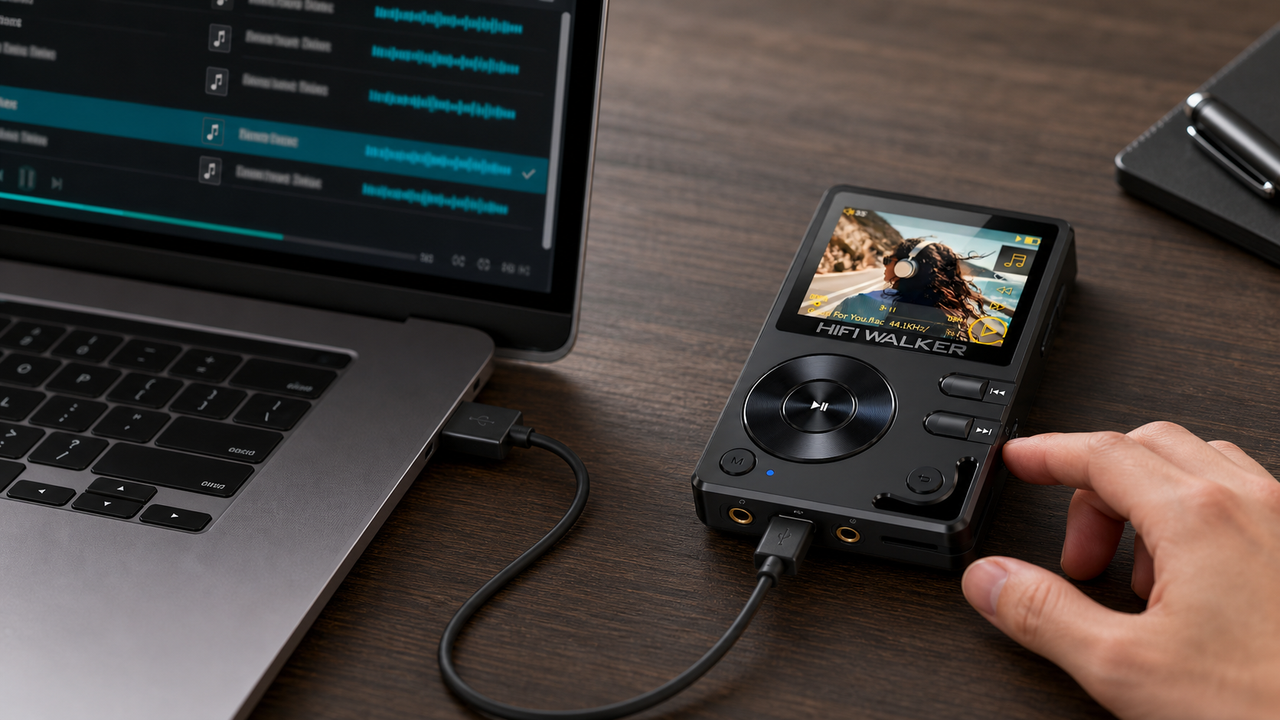 Laptop on the left sends downloaded audio files through one continuous USB cable to the bottom-center USB port of a HIFI WALKER H2 lying flat