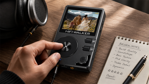 Hand operating a HIFI WALKER H2 music player beside wired headphones and review notes