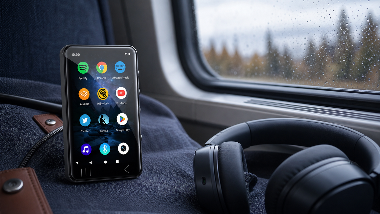 HIFI WALKER G7 in a bright travel-listening scene