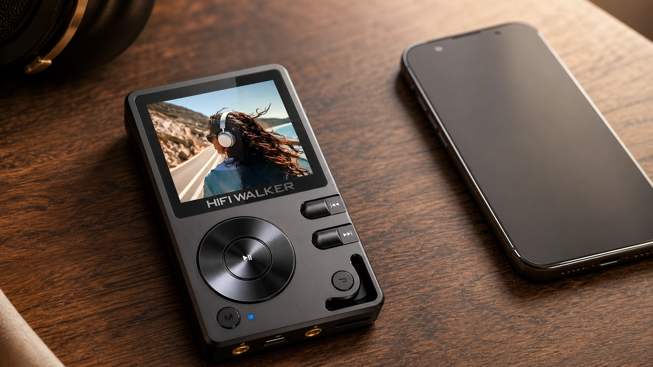 An explanatory real-world DAP scene: HIFI WALKER H2 lies flat face-up beside a smartphone, showing the dedicated player as the focused listening device while the phone is…