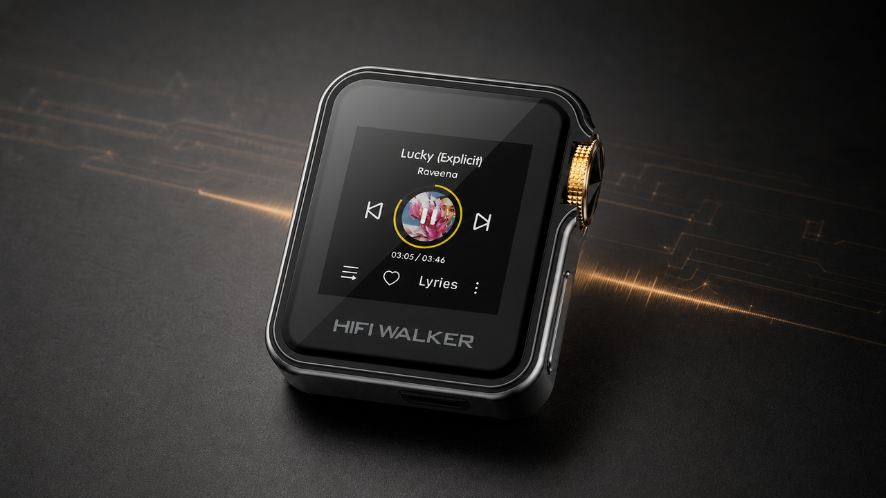 The HIFI WALKER H2 Mini at a low three-quarter angle on a matte graphite engineering surface, with the gold wheel and metal edge in razor-sharp focus