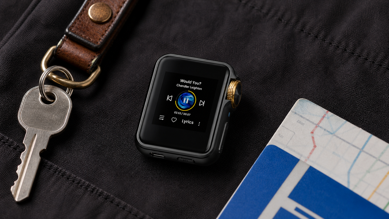 Scale-focused pocket scene: HIFI WALKER H2 Mini sitting flat beside a key and a folded transit card, photographed straight-on three-quarter front so its small body remains…