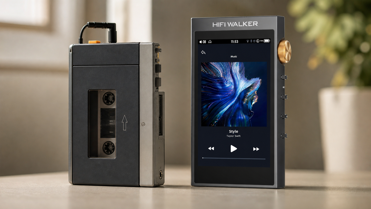 Respectful old-versus-new comparison: an unbranded retro portable player silhouette on the left and the HIFI WALKER H20 Ultra on the right with its full screen visible and…