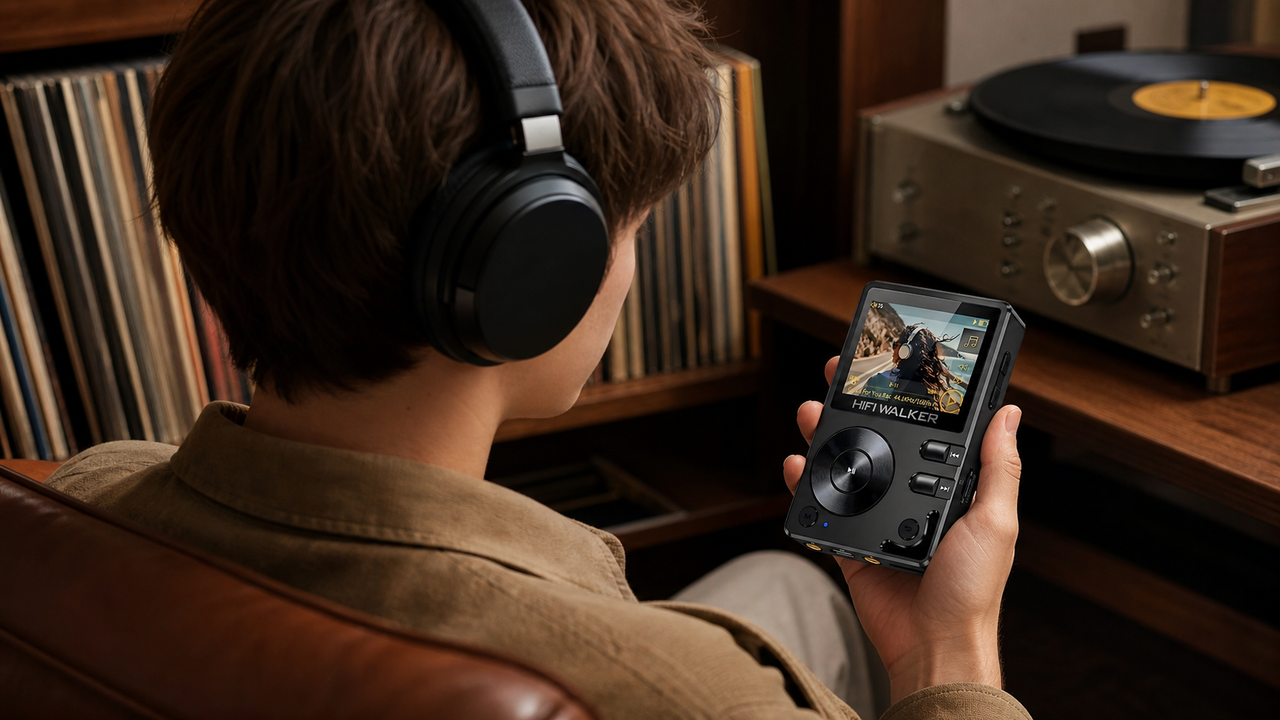 HIFI WALKER H2 in a record-or-disc collection beside one modern player