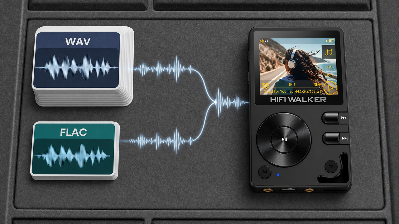 Portable music player editorial cover for WAV vs FLAC: Which Format Sounds Better on Hi-Res Players?