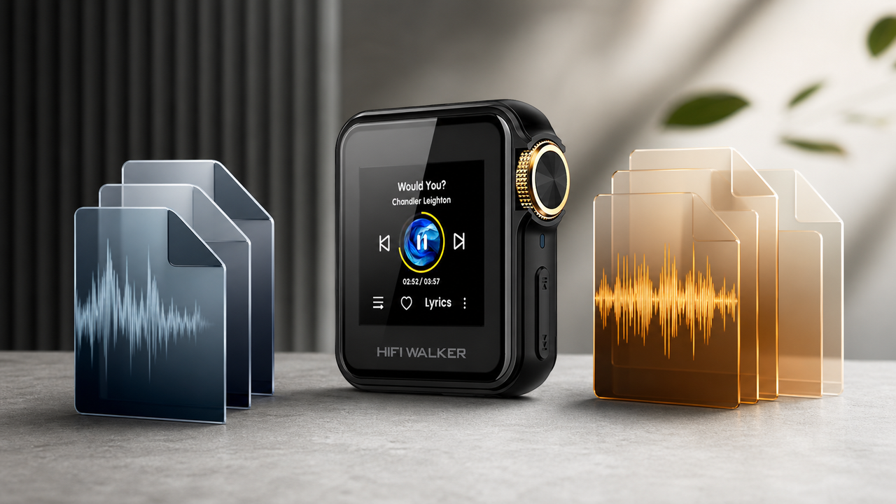 Format comparison scene with HIFI WALKER H2 Mini and two abstract file stacks, one compact layered stack and one open lossless waveform stack, no cables attached