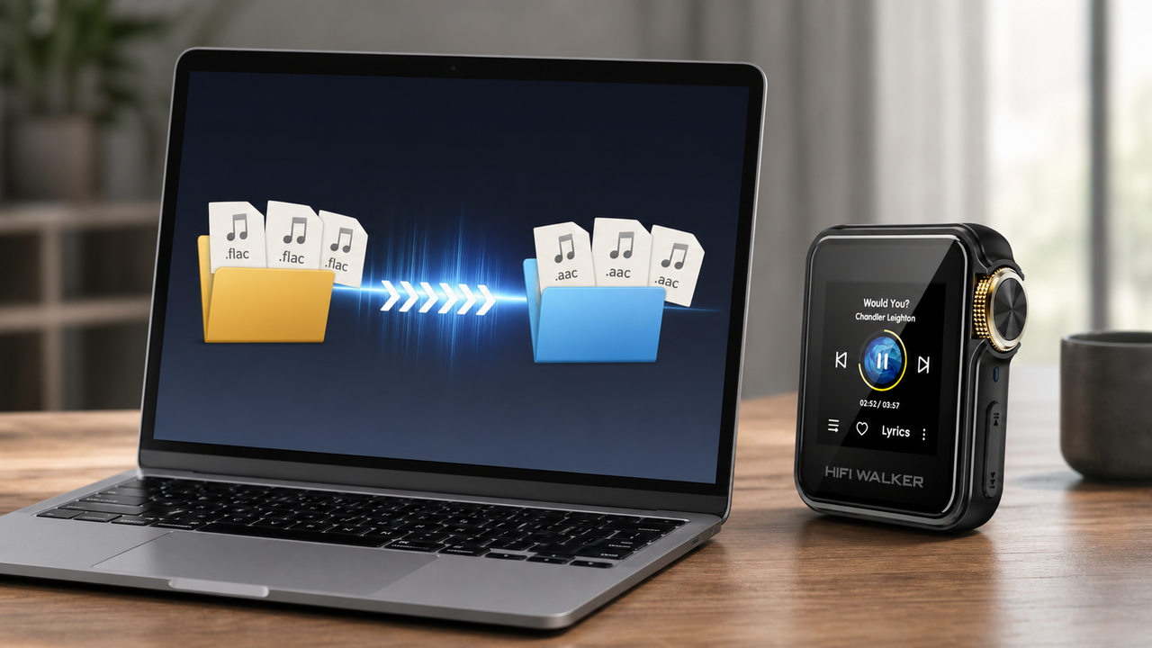 Laptop conversion workflow with generic audio file icons moving from a lossless archive folder into a portable player sync folder, with HIFI WALKER H2 Mini beside the laptop…