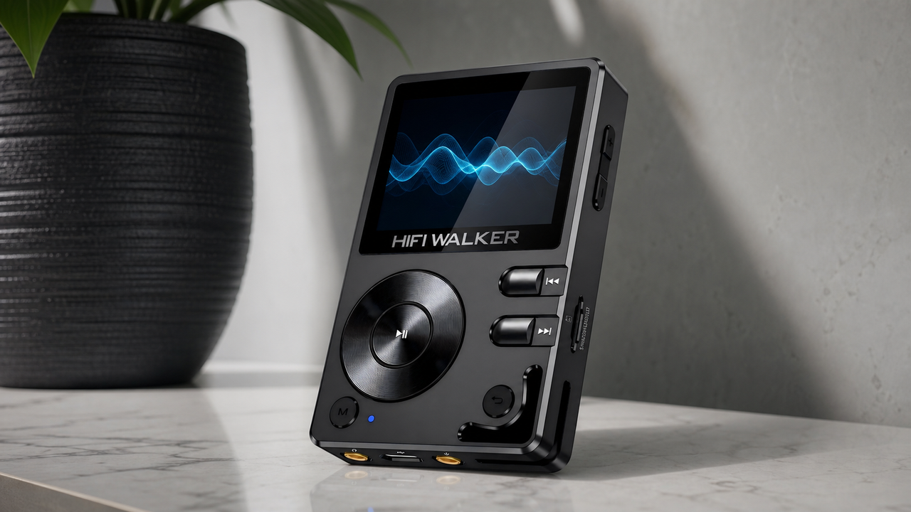 Clean audio-fidelity concept: HIFI WALKER H2 on a neutral table with a smooth waveform reflected in glass, photographed from stable three-quarter angle with no deformation
