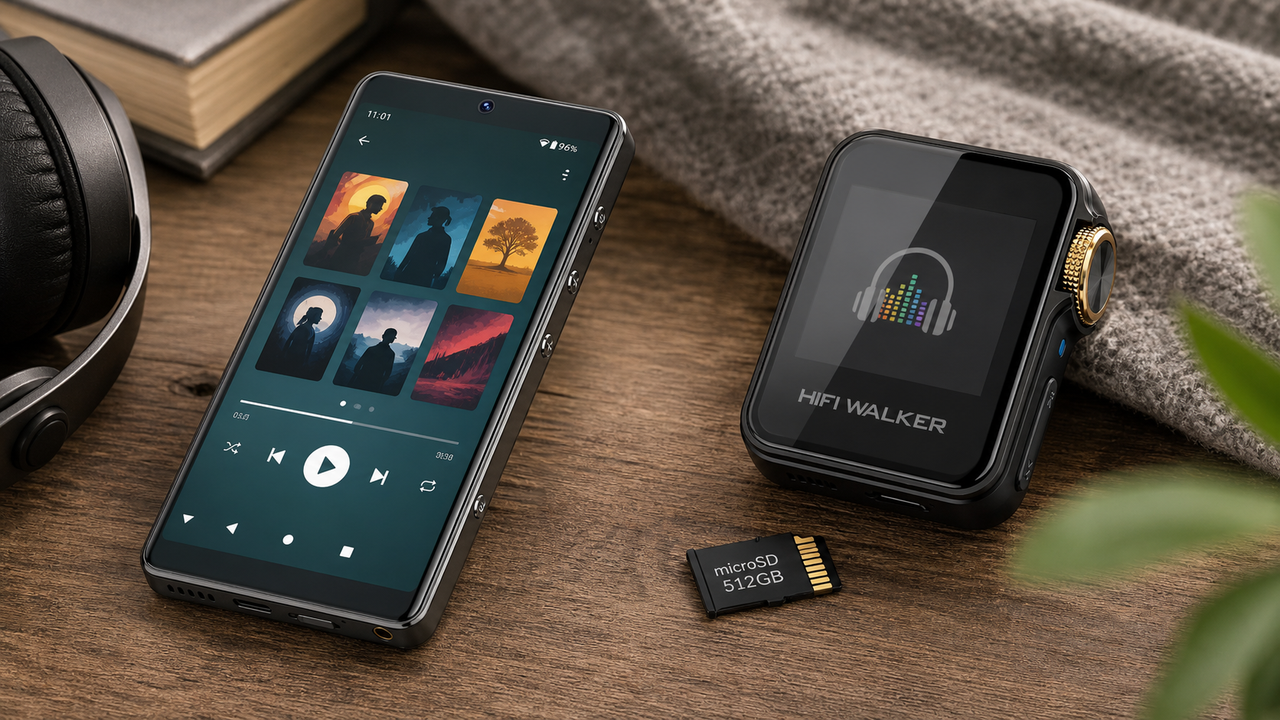Two listening modes in one scene: HIFI WALKER G7 Pro showing app-friendly listening on one side and HIFI WALKER H2 Mini with local audiobook files on a microSD card on the other