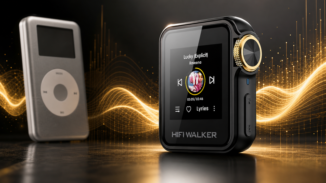 Modern-vs-old transformation scene: a small generic old MP3 silhouette in the background, HIFI WALKER H2 Mini sharply in the foreground with clean high-resolution waveform…