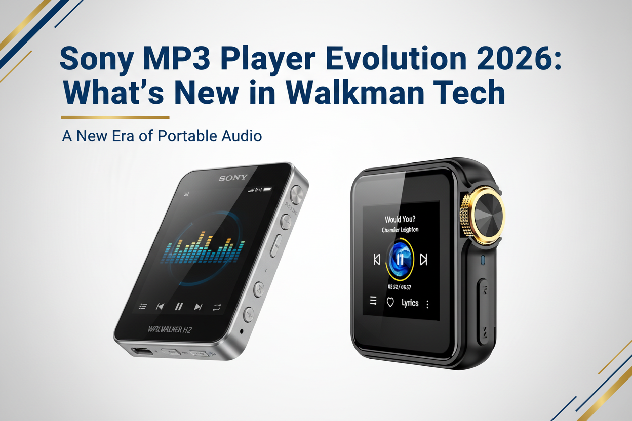 做一个16：9比例的封面，以这个为主题，干净的背景：Sony MP3 Player Evolution 2026: What's New in Walkman Tech