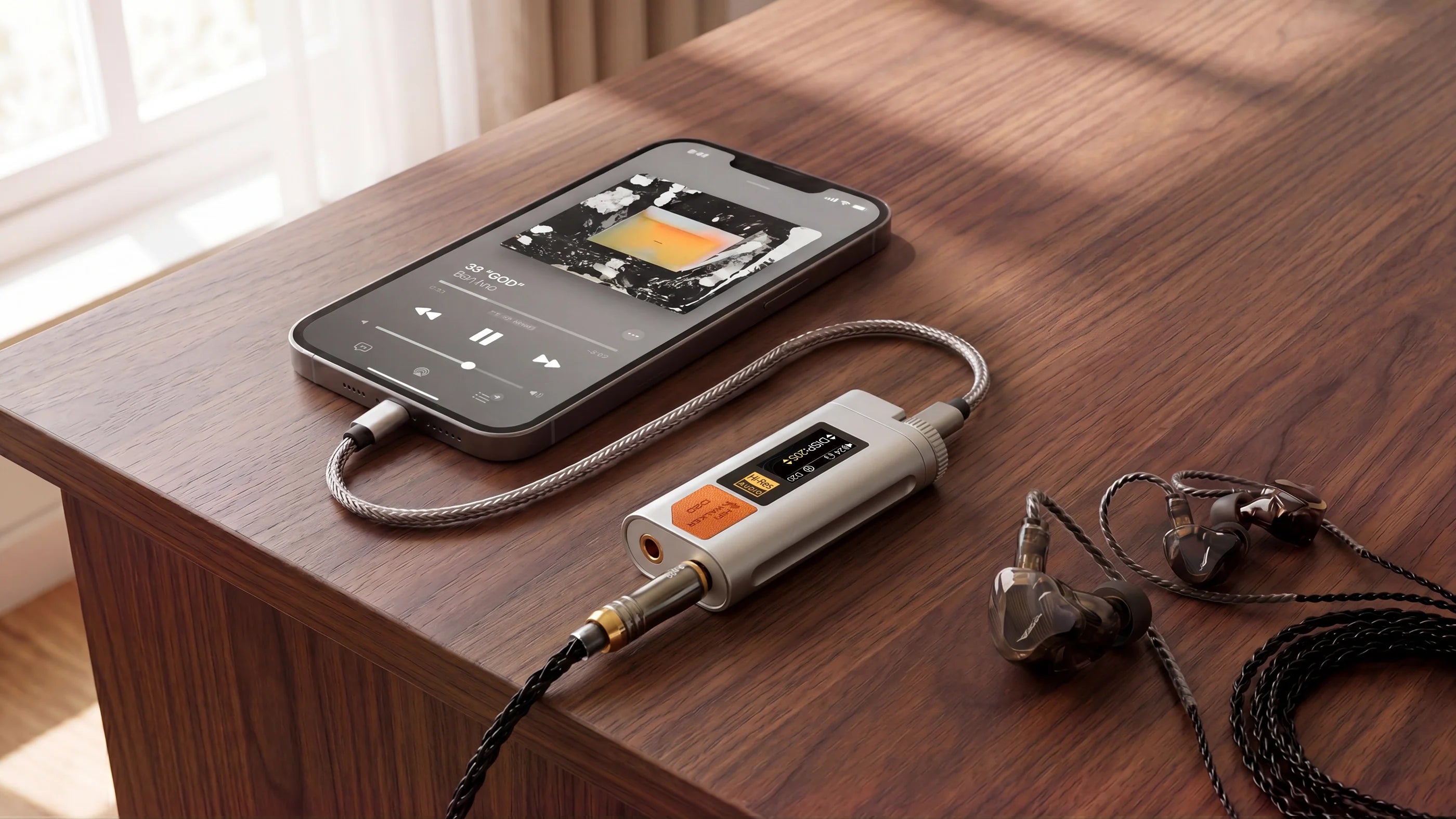 HIFI WALKER D20 USB-C DAC/Amp dongle connected to a phone and wired headphones