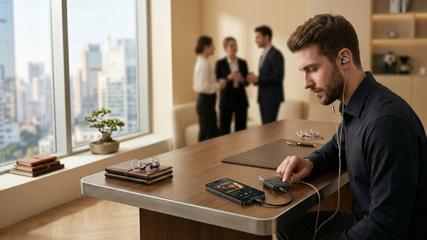 HIFI WALKER H2 Mini connected to laptop as USB DAC on professional desk setup