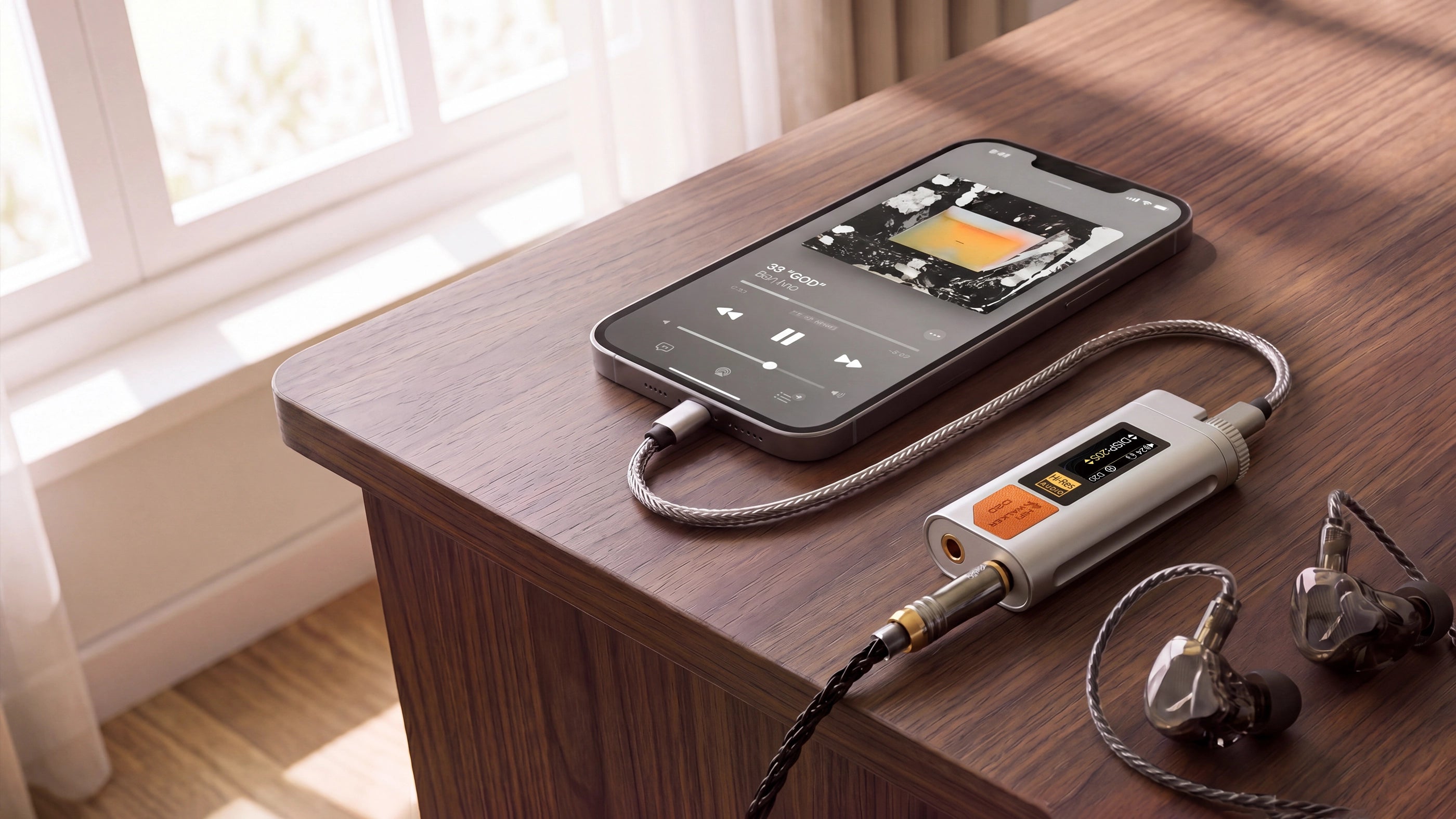 HIFI WALKER D20 USB-C DAC connected to a smartphone and wired earphones on a wooden desk