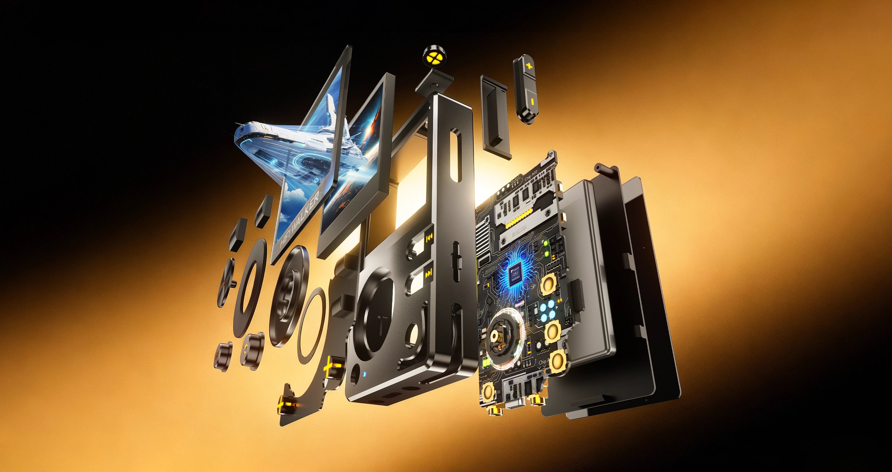 Computer hardware components on a gradient background