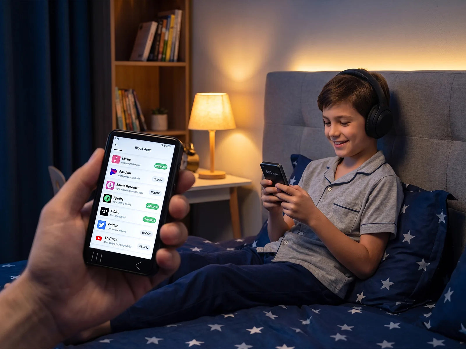 Parent using HIFI WALKER G7 parental controls to allow music apps and block selected apps while a child listens with headphones
