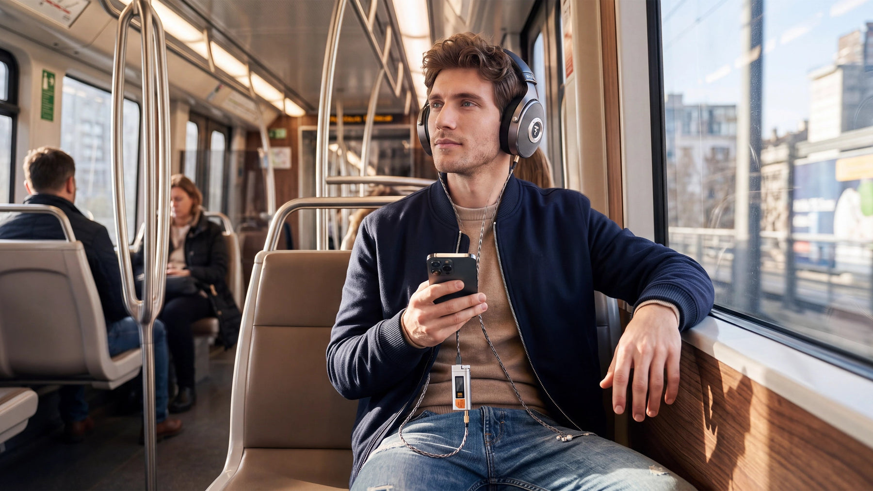 HIFI WALKER D20 portable DAC connected to a phone and wired headphones during a commute