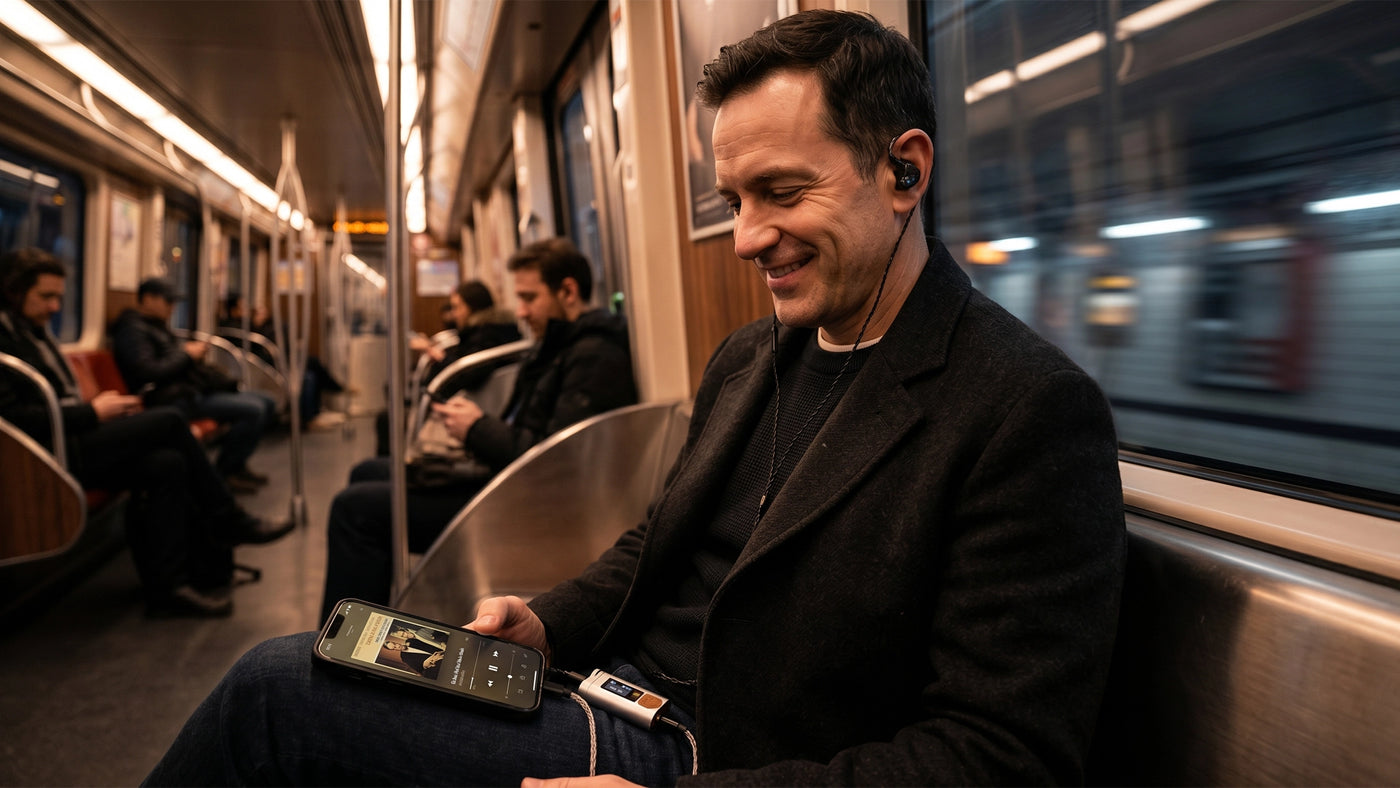 HIFI WALKER D20 USB DAC/Amplifier portable DAC amp connected to smartphone during daily commute