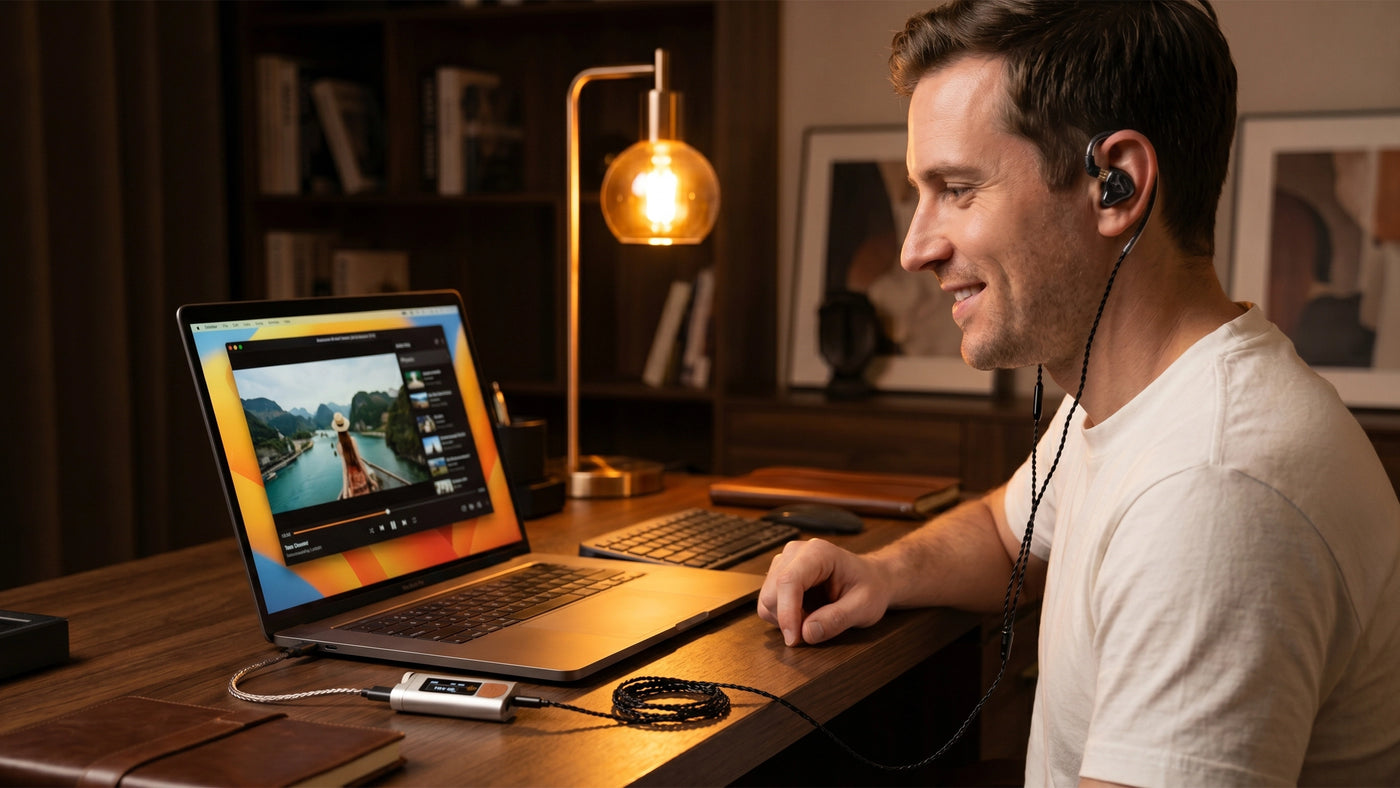 HIFI WALKER D20 USB DAC/Amplifier USB DAC amp connected to laptop or PC for desktop audio upgrade