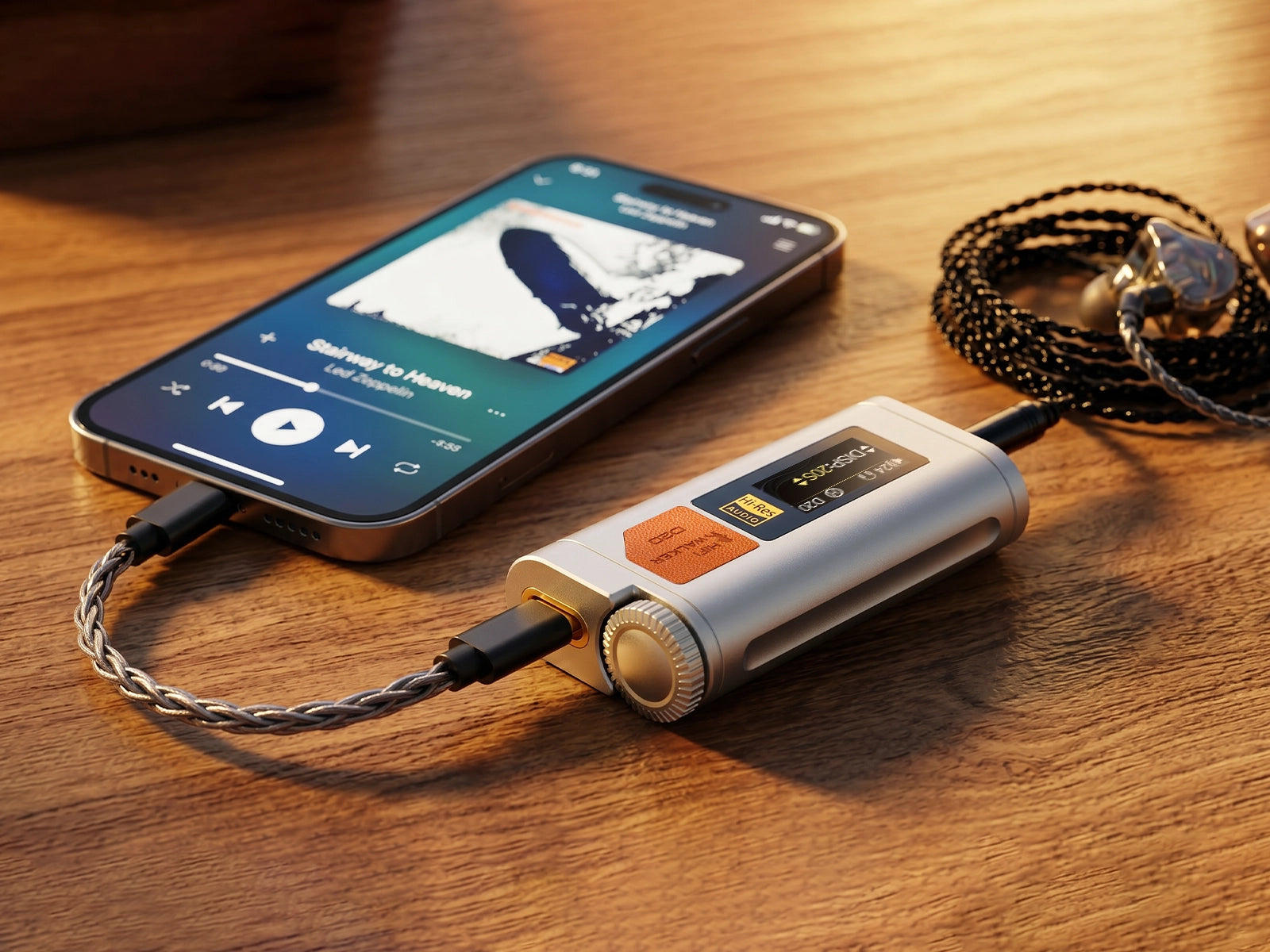HIFI WALKER D20 USB DAC/Amplifier portable DAC amp connected to a phone and wired headphones for upgraded listening