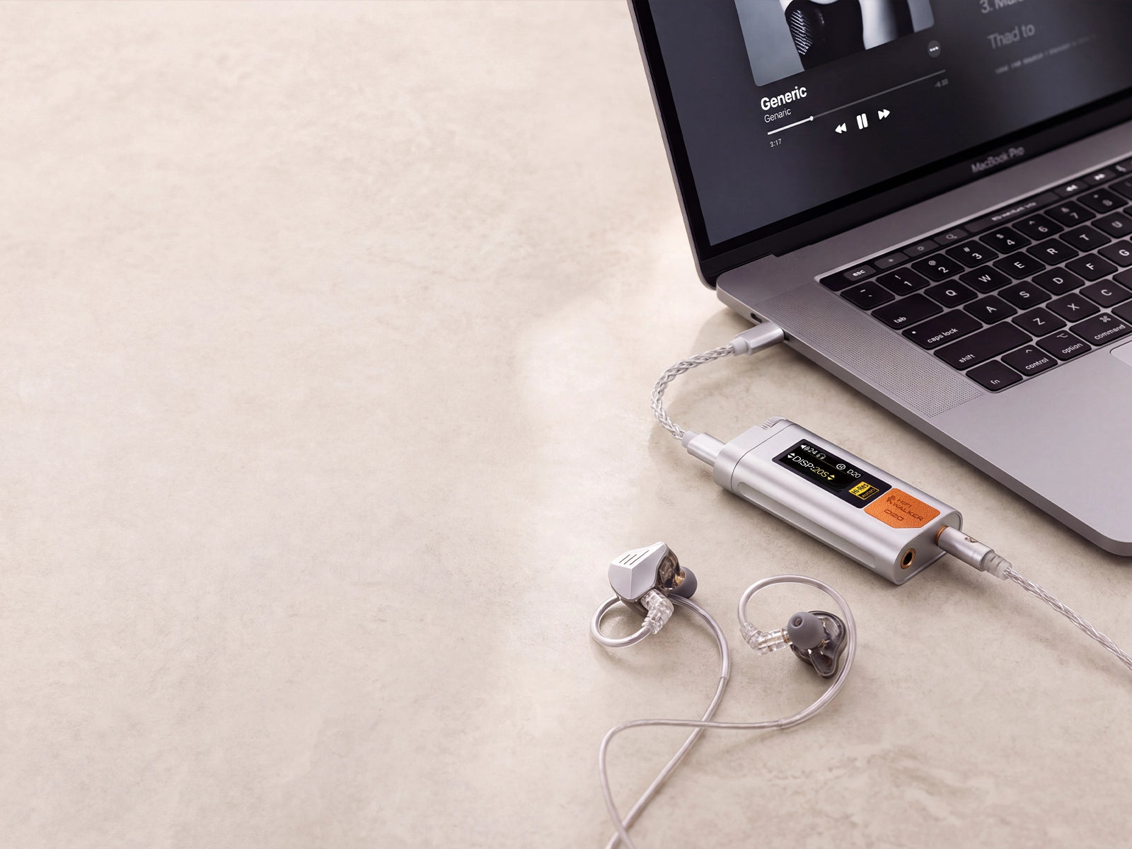 HIFI WALKER D20 USB DAC connected to a MacBook and wired earphones