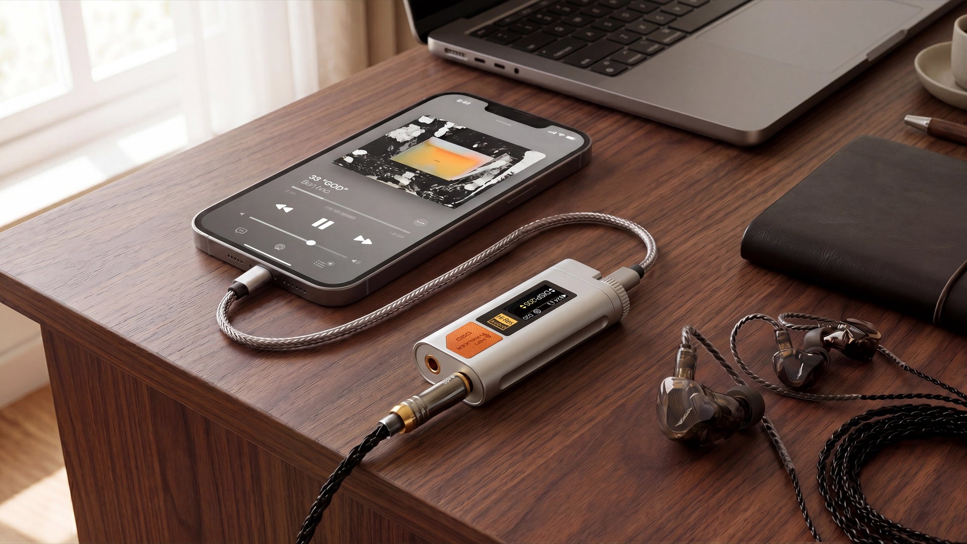 HIFI WALKER D20 USB DAC/Amplifier pocket DAC amp connected to a smartphone and wired headphones for better phone audio