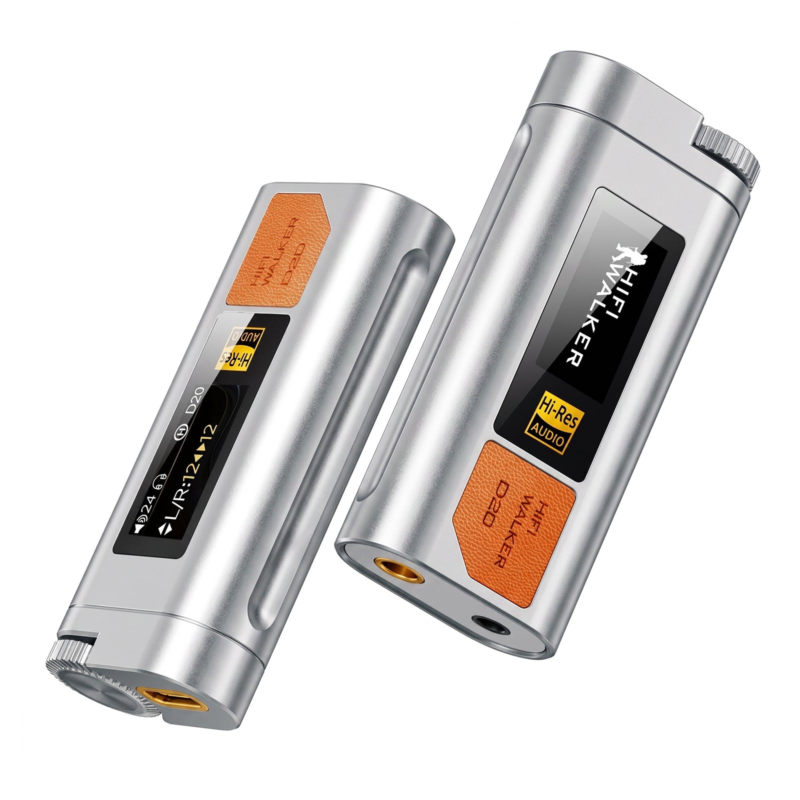 Two HIFI WALKER D20 USB-C DAC/Amps showing the front, side and headphone outputs