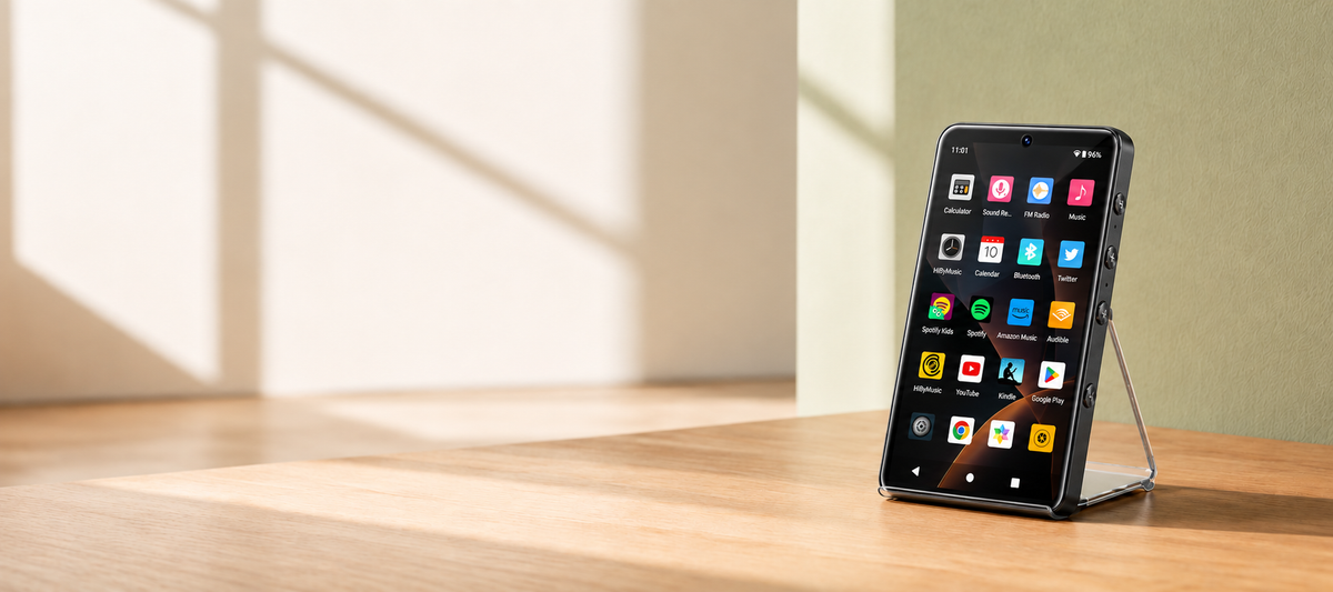 HIFI WALKER G7 Pro Android music player on a transparent tabletop stand
